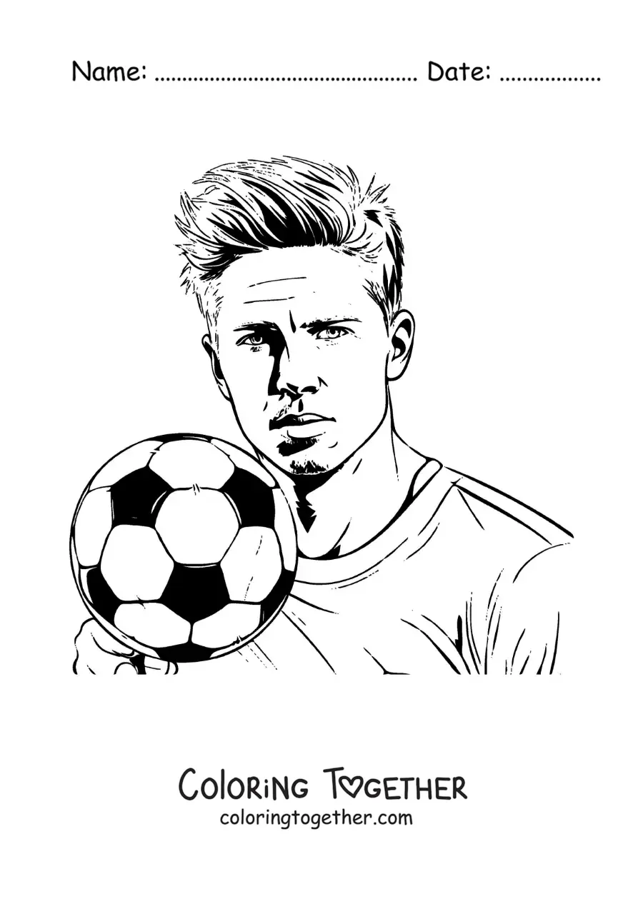 Coloring page of a realistic-style portrait of Kevin De Bruyne with a football