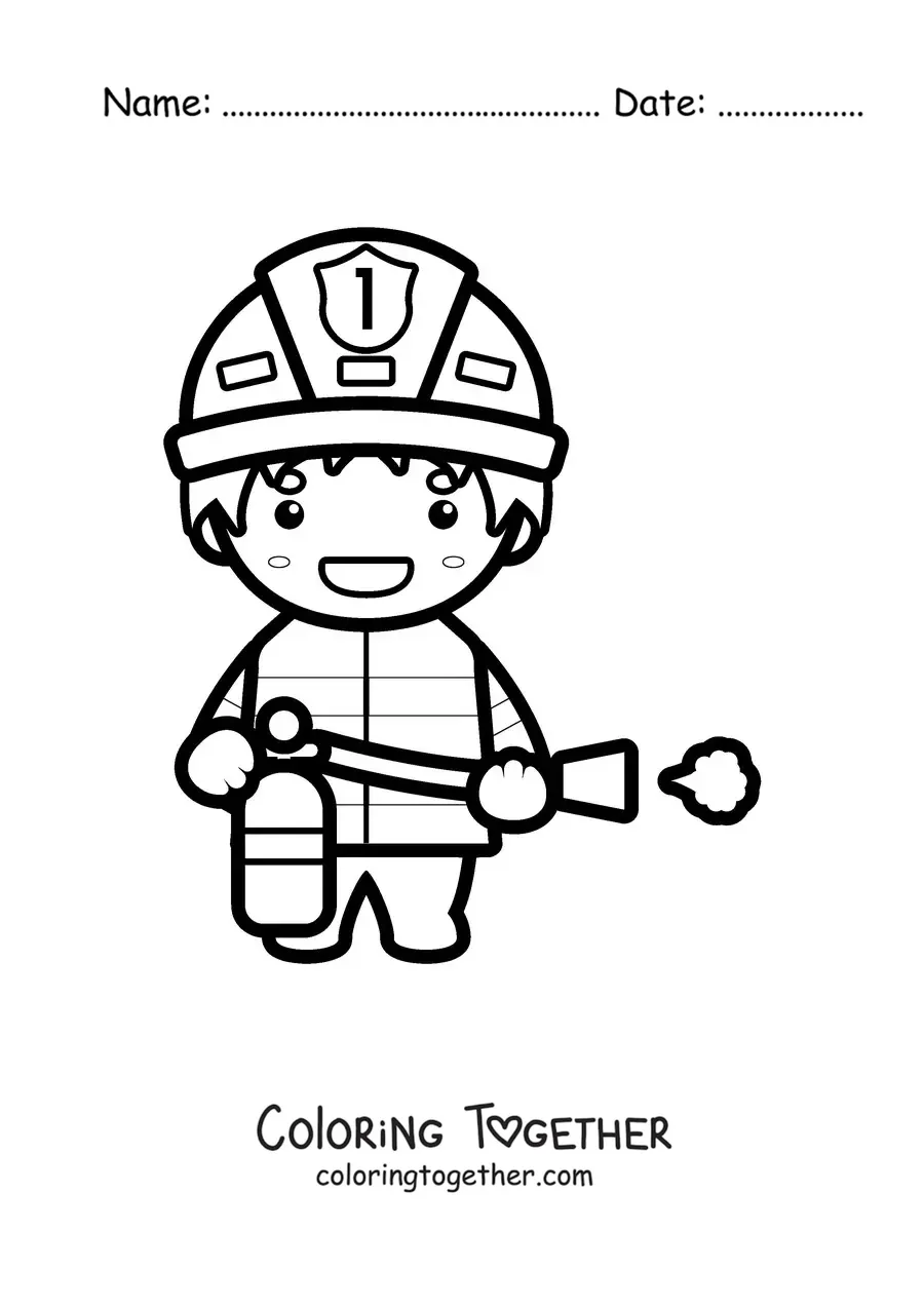 Coloring page of a kawaii firefighter with a fire extinguisher