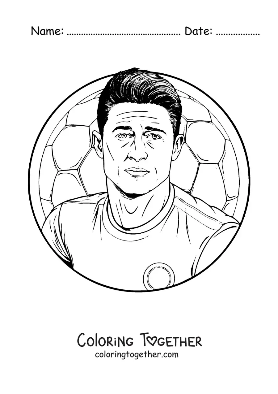 Coloring page of a realistic-style portrait of Robert Lewandowski with a ball in the background