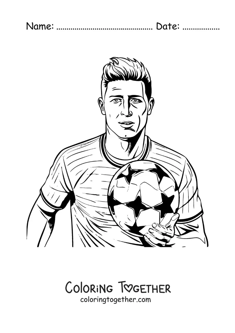 Coloring page of a cartoon Robert Lewandowski with a football