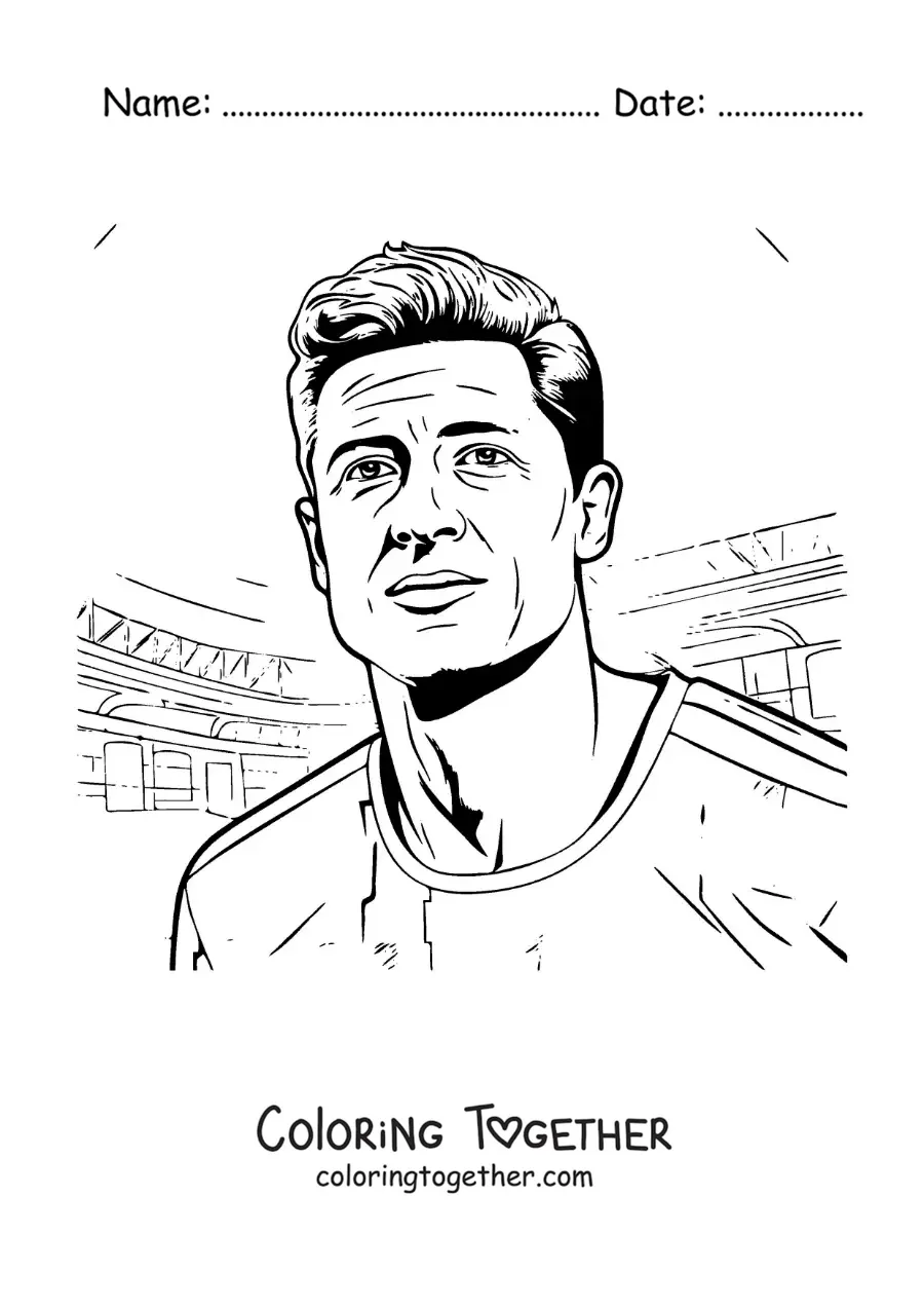 Coloring page of a cartoon portrait of Robert Lewandowski in the stadium