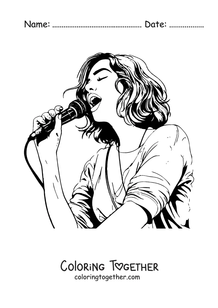 Coloring page of cartoon Dua Lipa singing with a microphone