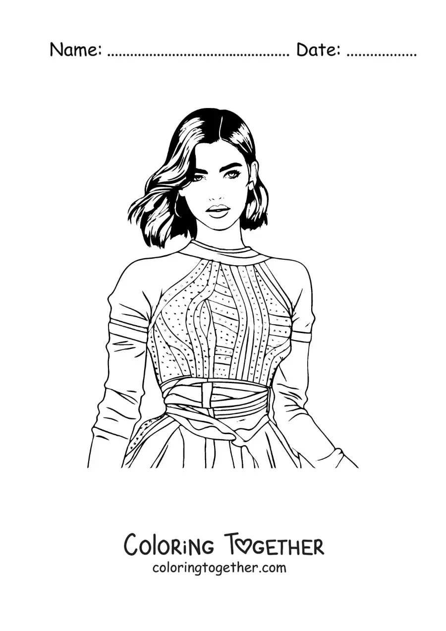 Coloring page of cartoon Dua Lipa in a dress