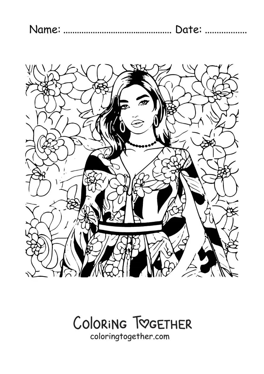 Coloring page of cartoon Dua Lipa with a dress and flowers