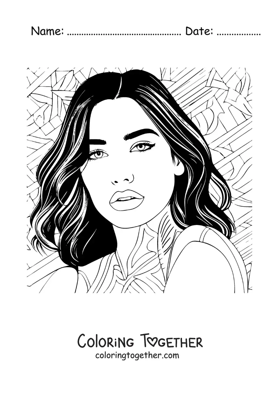 Coloring page of a portrait of Dua Lipa