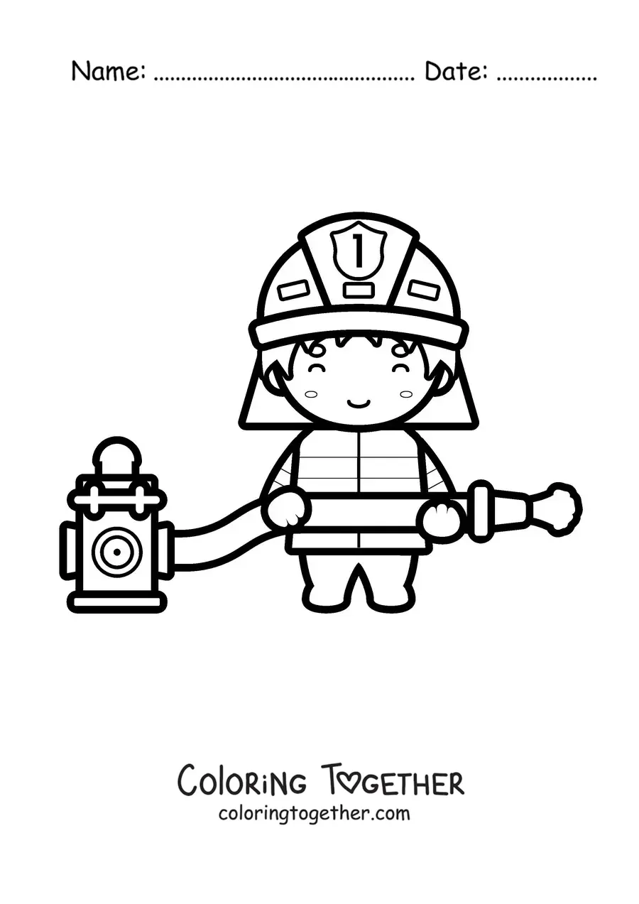 Coloring page of a kawaii firefighter with a hose