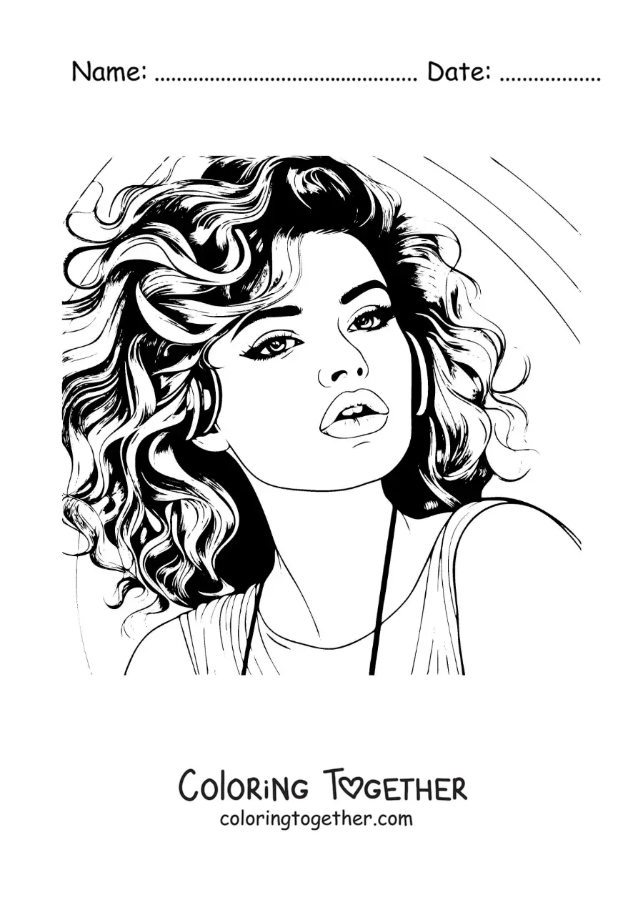 Coloring page of a portrait of Selena Gomez
