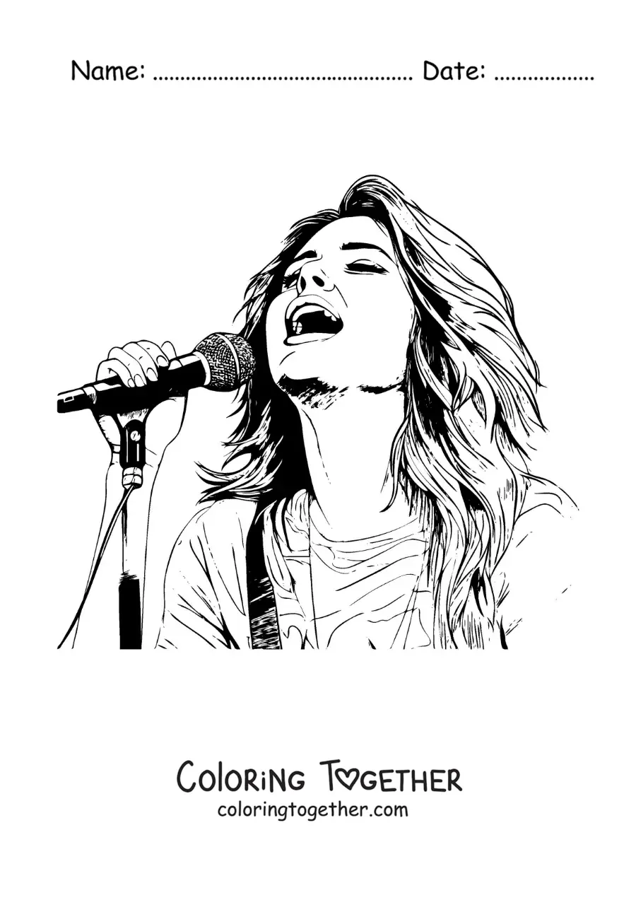 Coloring page of cartoon Selena Gomez singing with a microphone