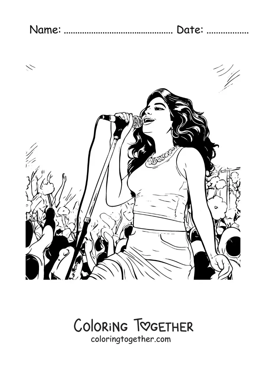 Coloring page of Selena Gomez at a concert