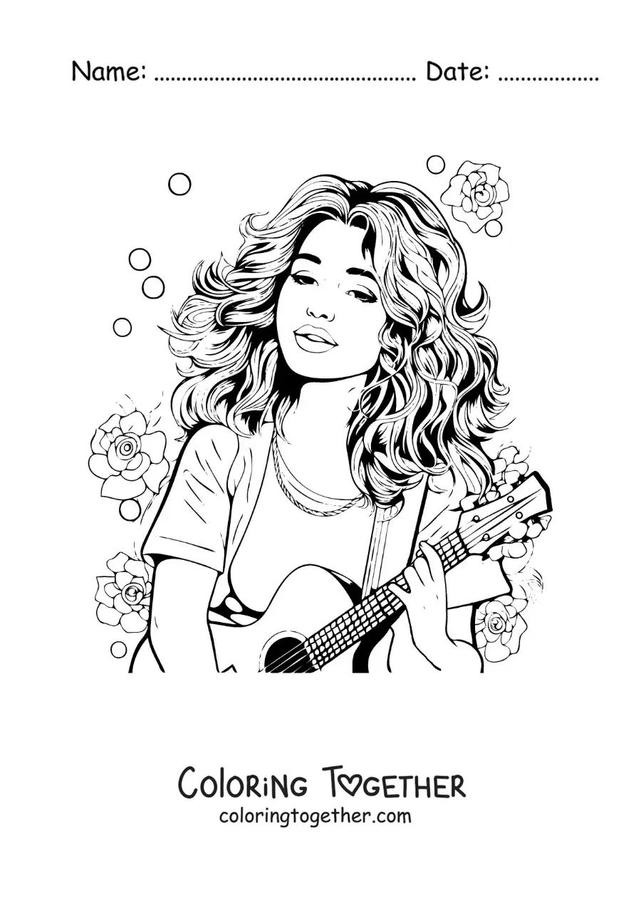 Coloring page of cartoon Selena Gomez with a guitar and flowers