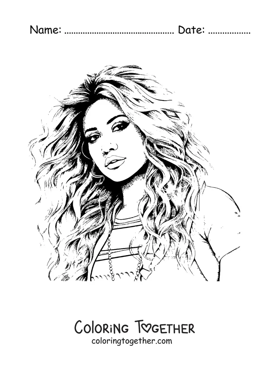 Coloring page of a realistic-style portrait of Shakira