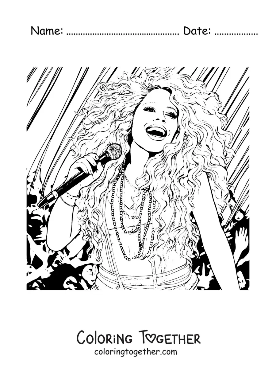 Coloring page of Shakira singing at a concert