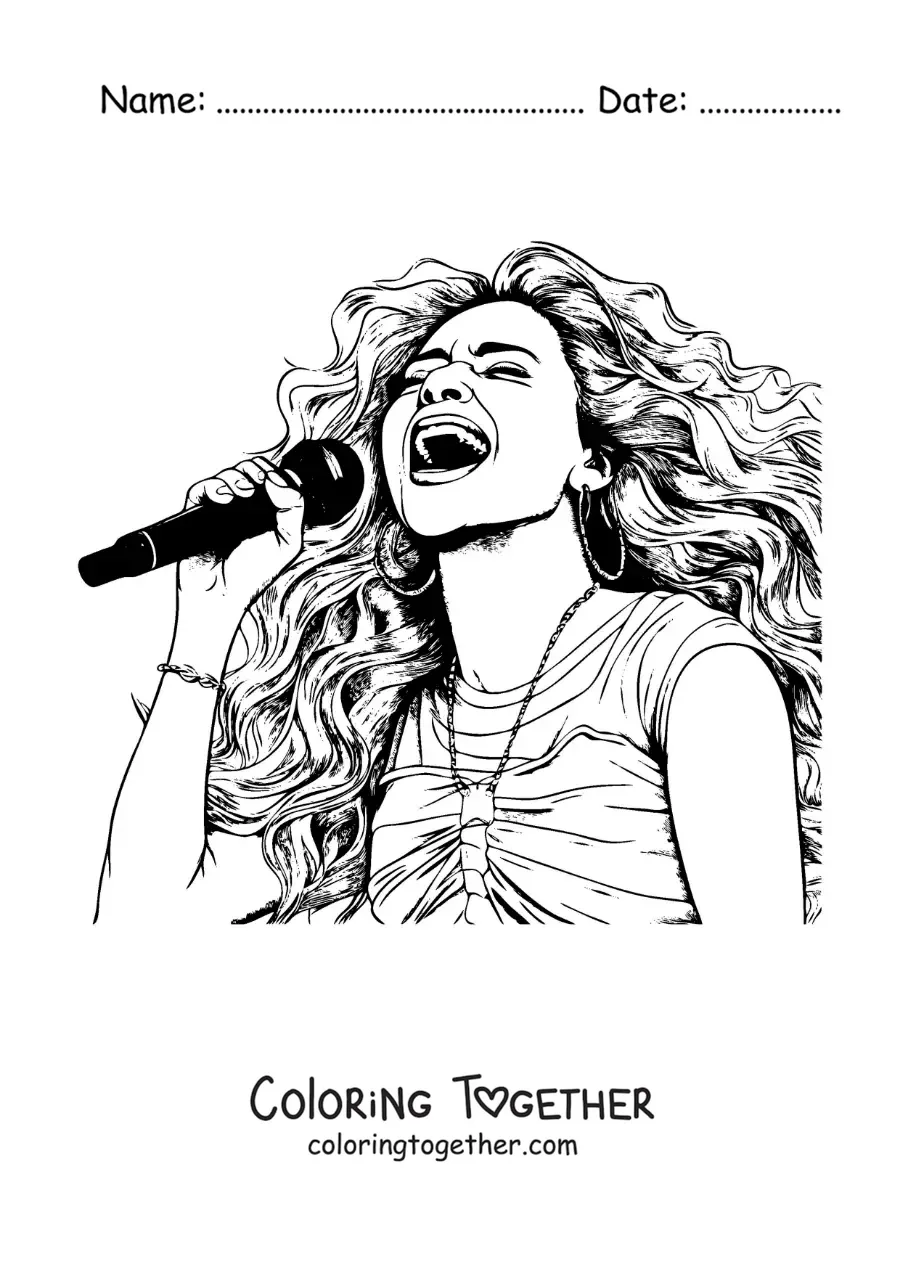 Coloring page of Shakira singing with a microphone in a realistic style
