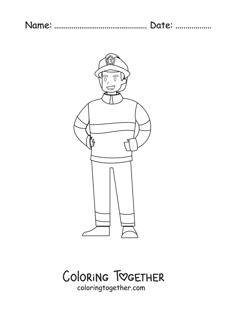 Coloring page of a firefighter seen from the front