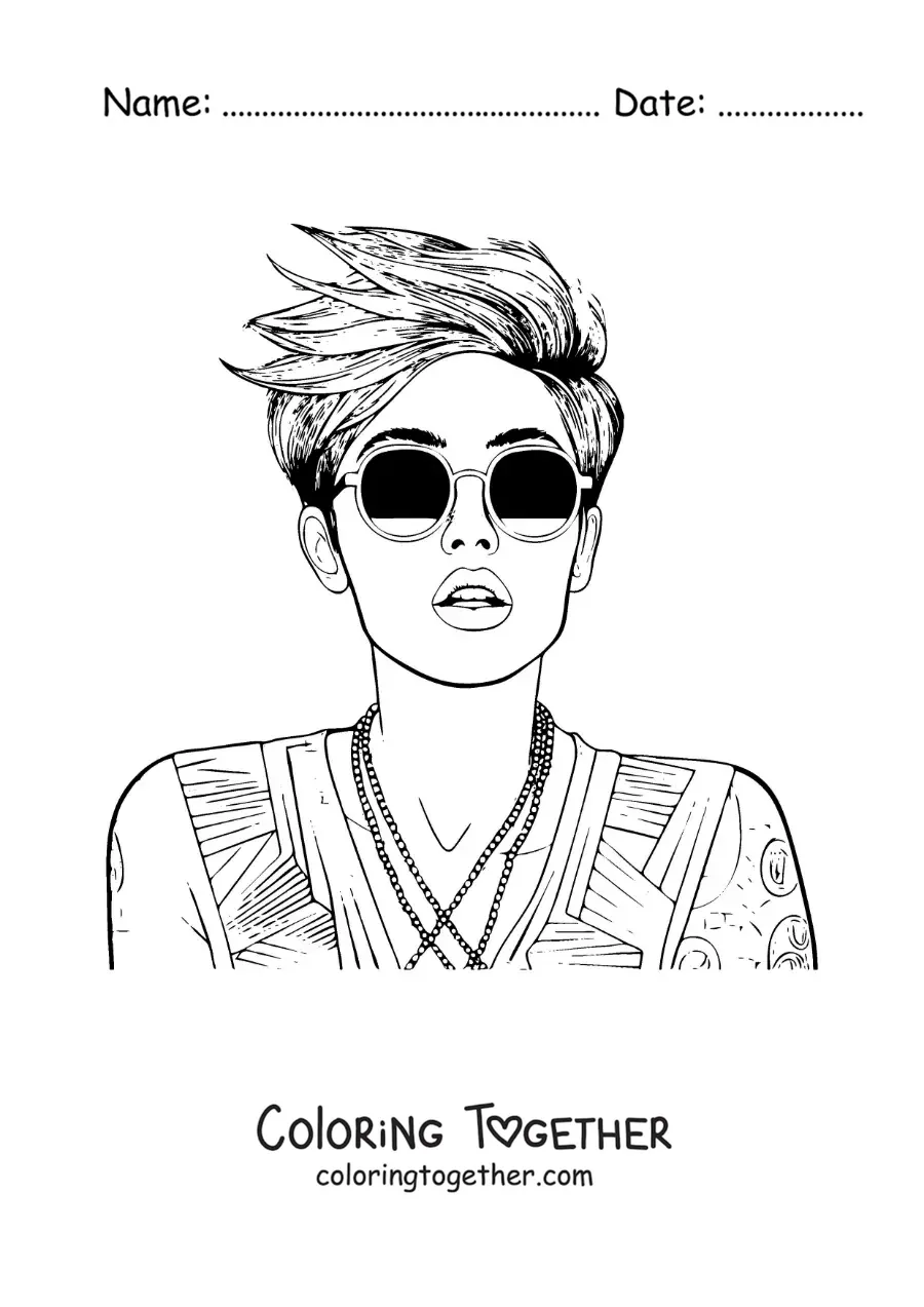 Coloring page of cartoon Miley Cyrus with sunglasses and short hair