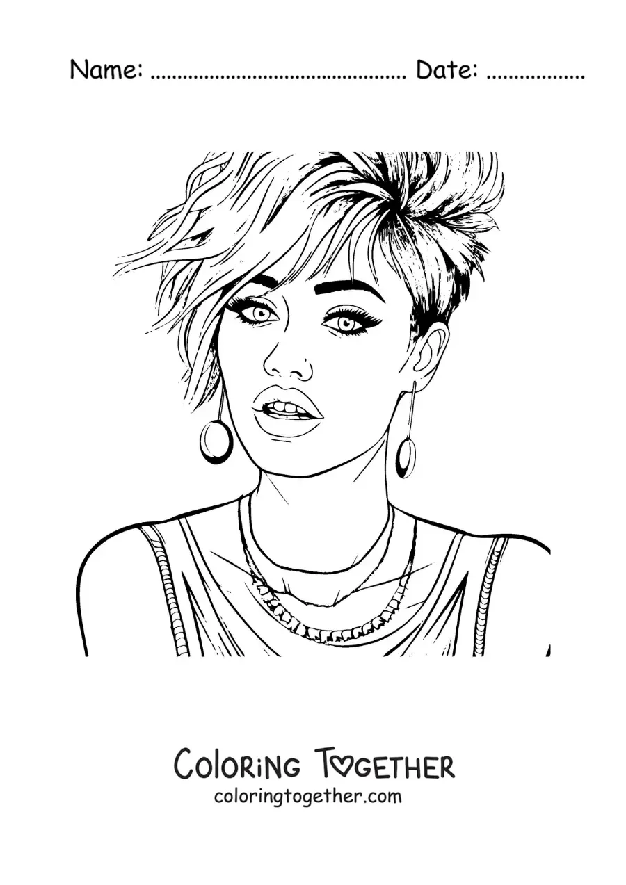 Coloring page of cartoon Miley Cyrus with a short hairstyle