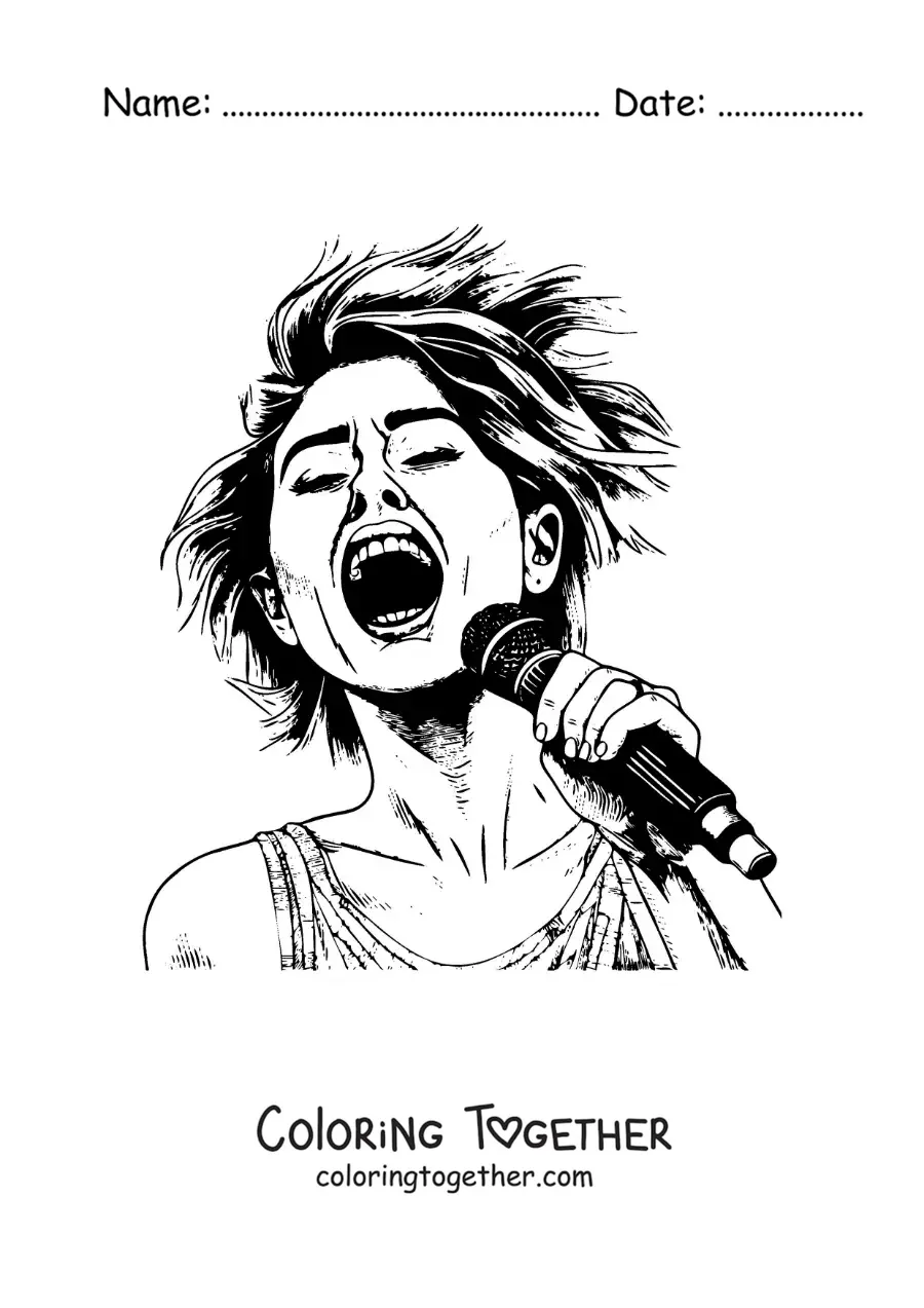 Coloring page of Miley Cyrus singing in a realistic style