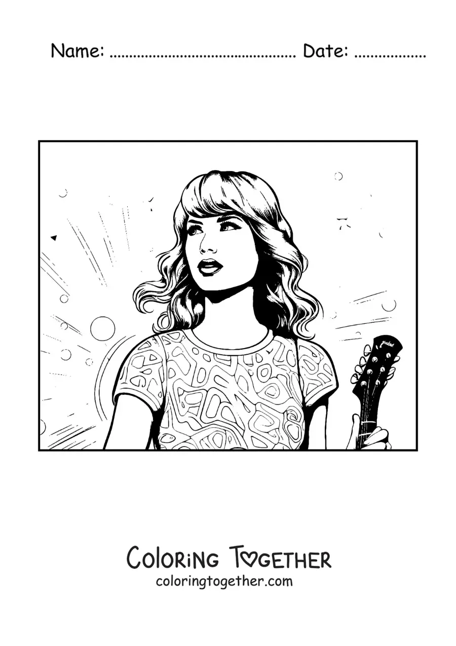 Coloring page of cartoon Taylor Swift with a guitar