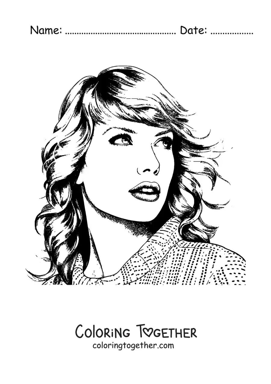 Coloring page of a portrait of Taylor Swift in a realistic style