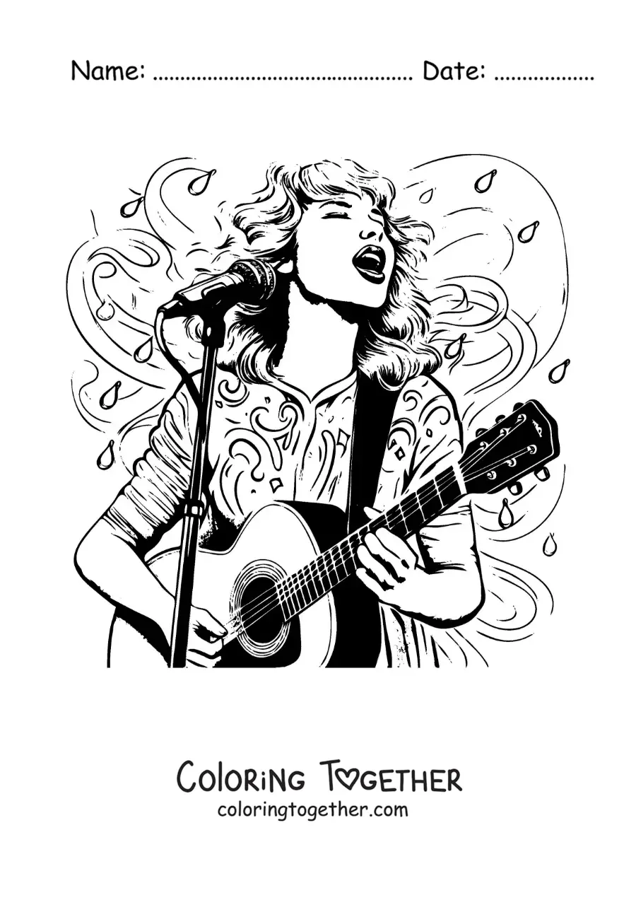Coloring page of cartoon Taylor Swift singing with a guitar