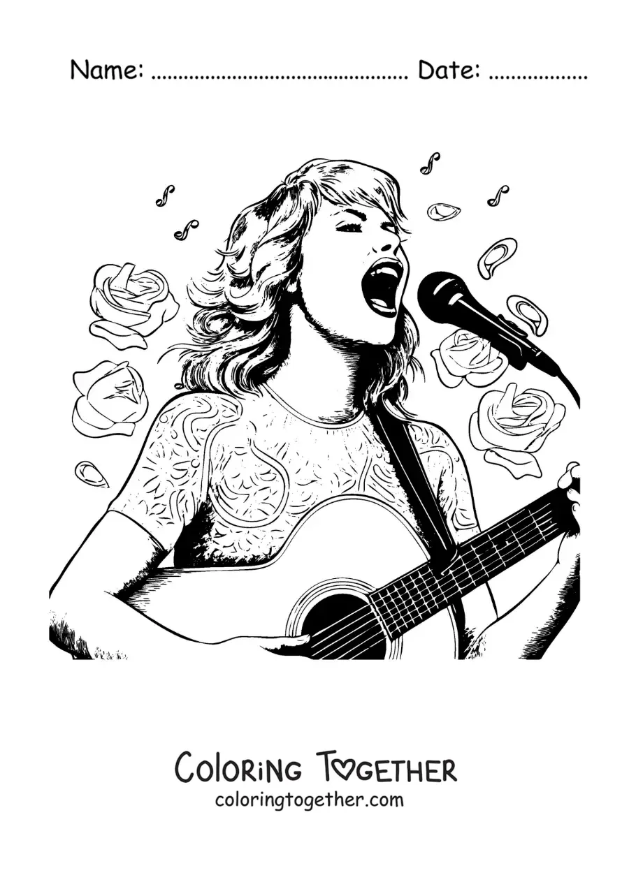 Coloring page of cartoon Taylor Swift singing with a guitar