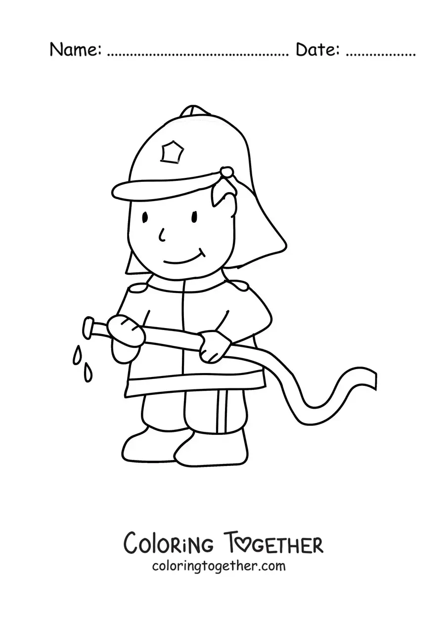 Coloring page of a smiling cartoon firefighter