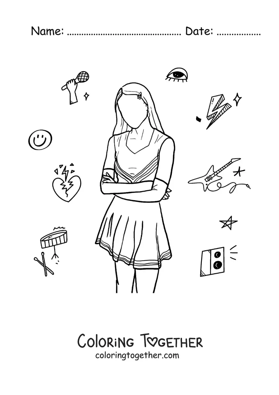Coloring page of a faceless silhouette of Olivia Rodrigo on her album Sour