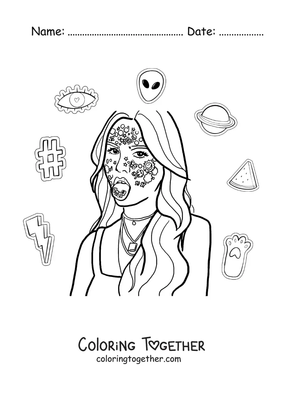 Coloring page of a portrait of Olivia Rodrigo on her album Sour