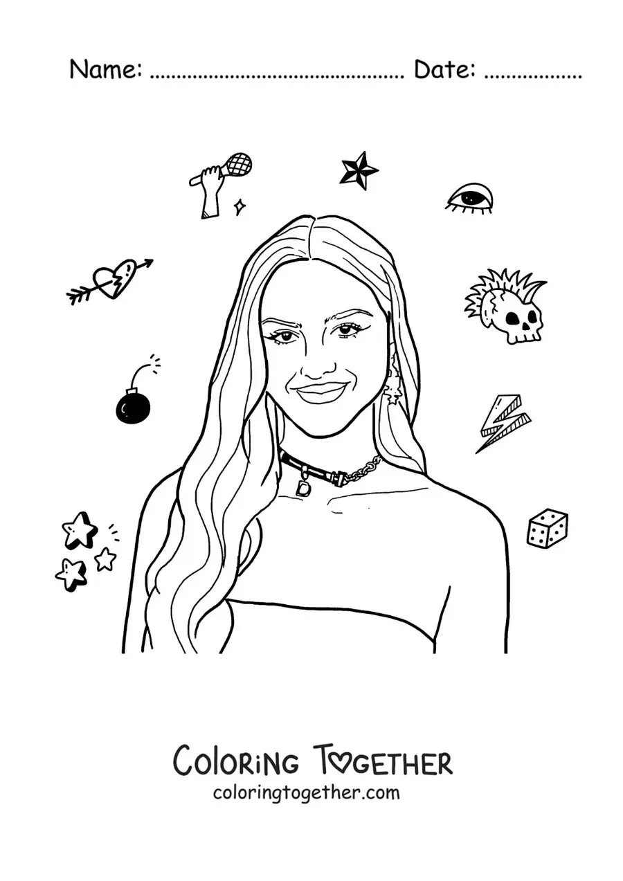 Coloring page of a portrait of cartoon Olivia Rodrigo