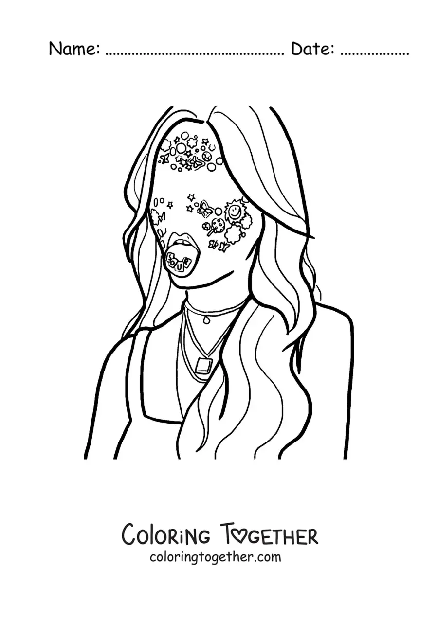 Coloring page of a silhouette of Olivia Rodrigo on her album Sour