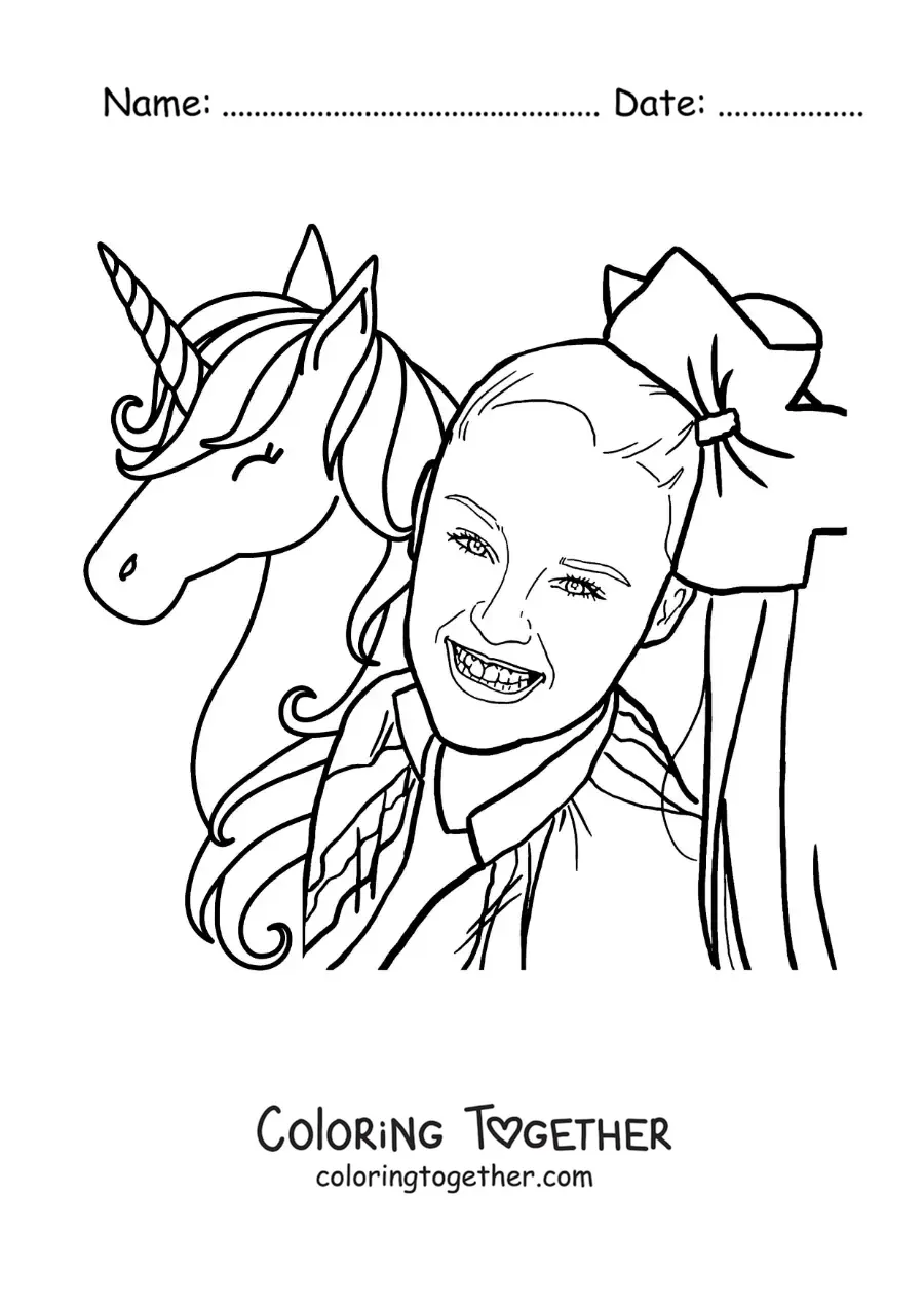 Coloring page of Jojo Siwa with a unicorn