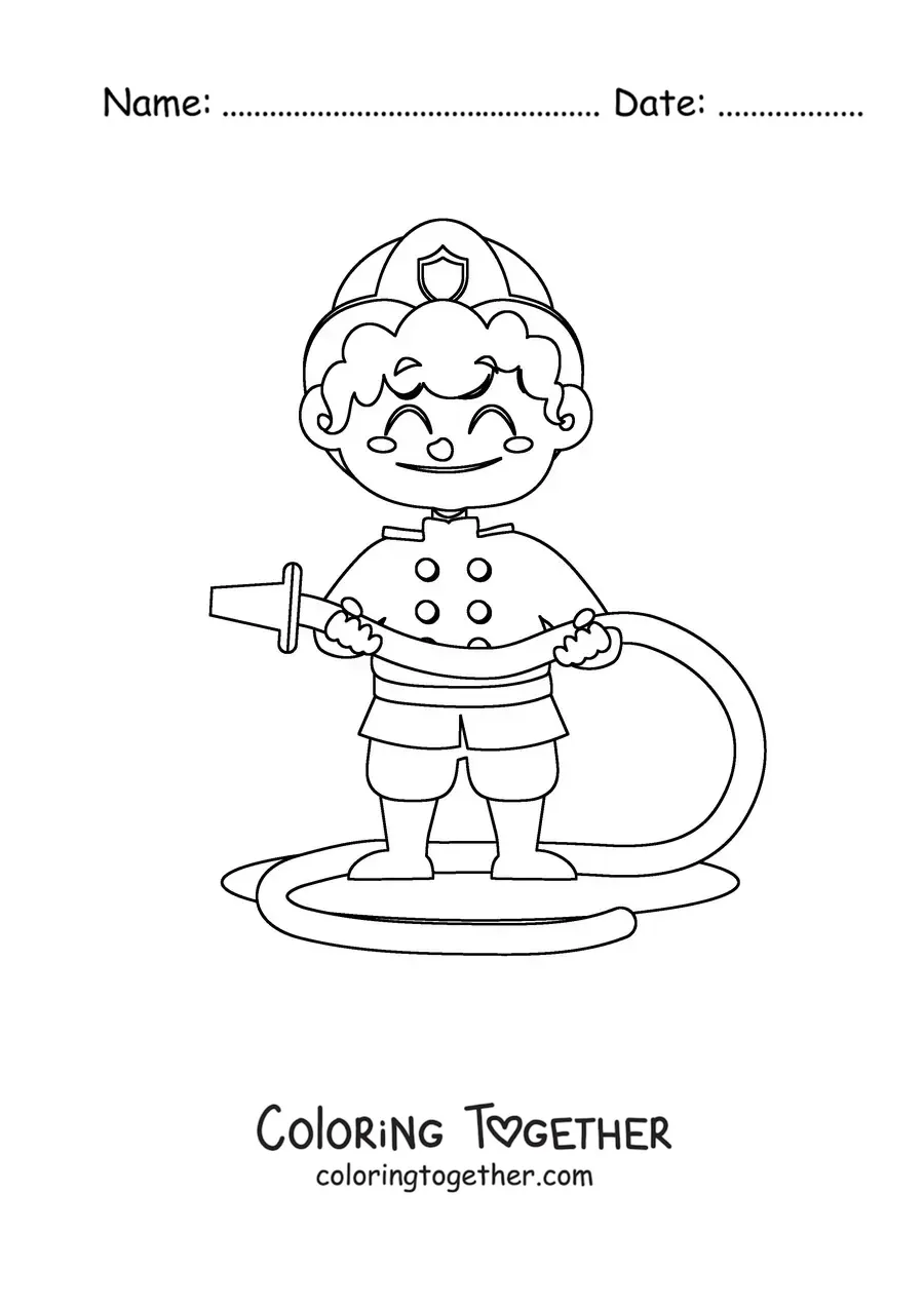 Coloring page of a firefighter boy with a hose