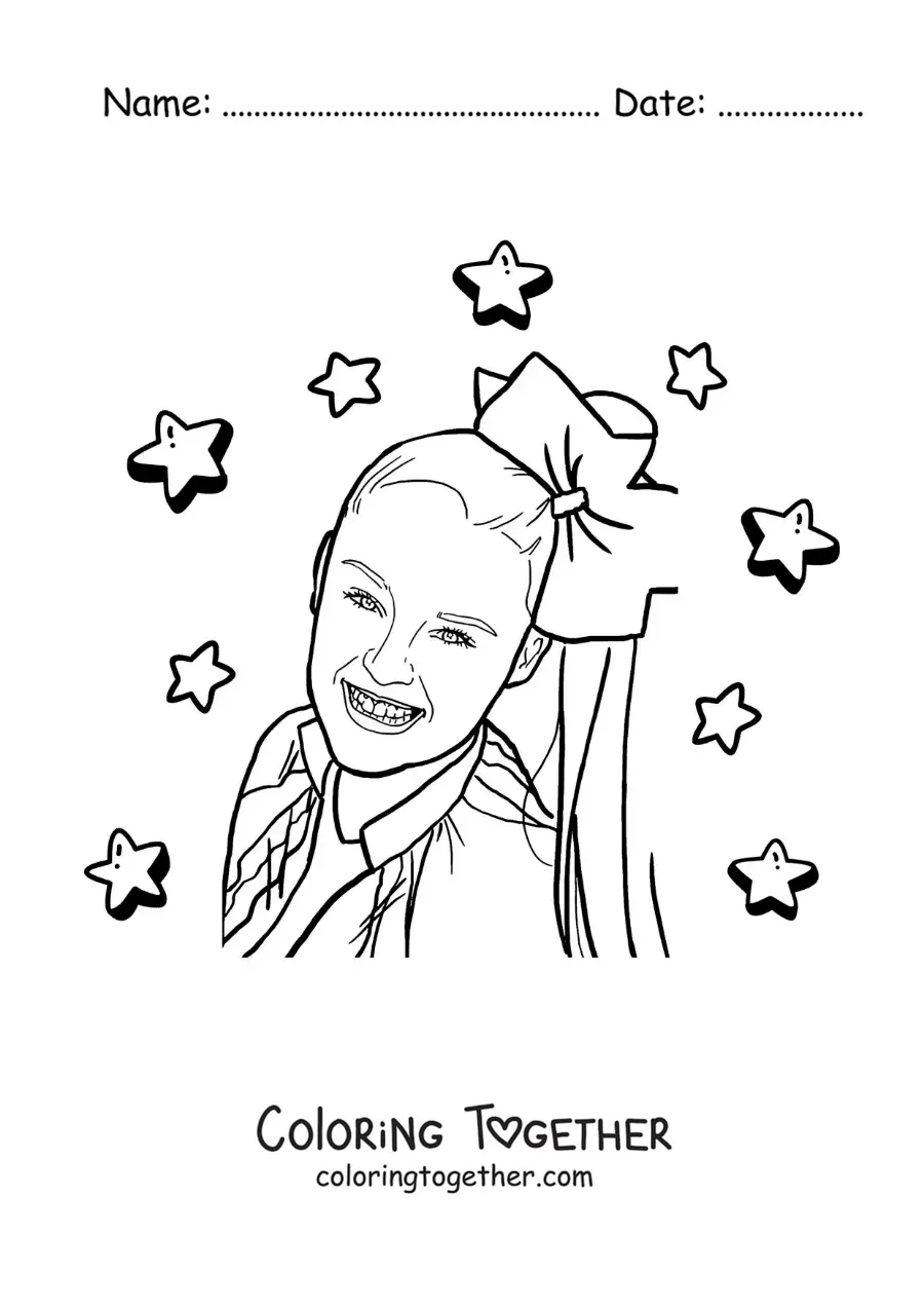 Coloring page of a portrait of Jojo Siwa with stars