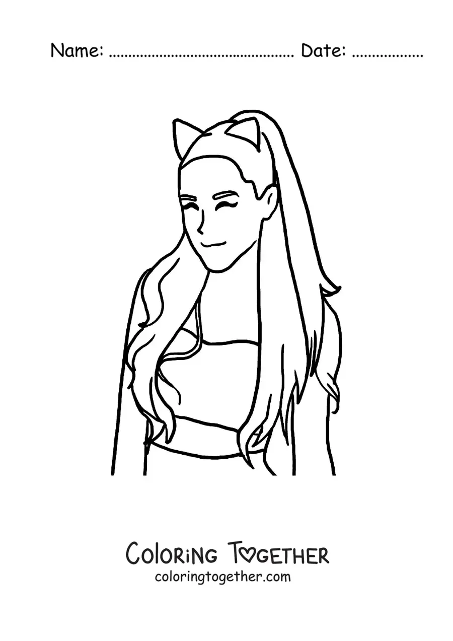 Coloring page of kawaii cartoon Ariana Grande with cat ears