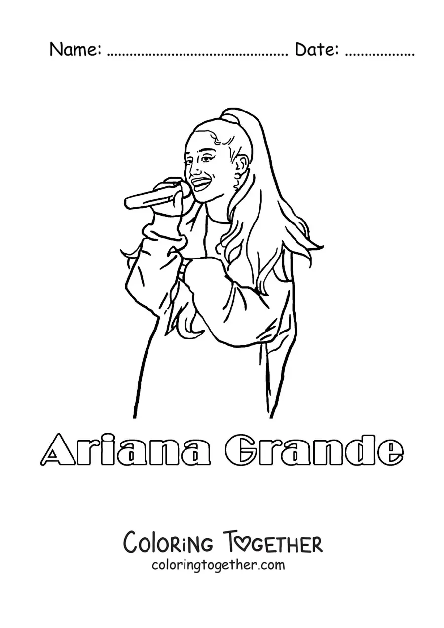 Coloring page of a portrait of cartoon Ariana Grande singing with her name