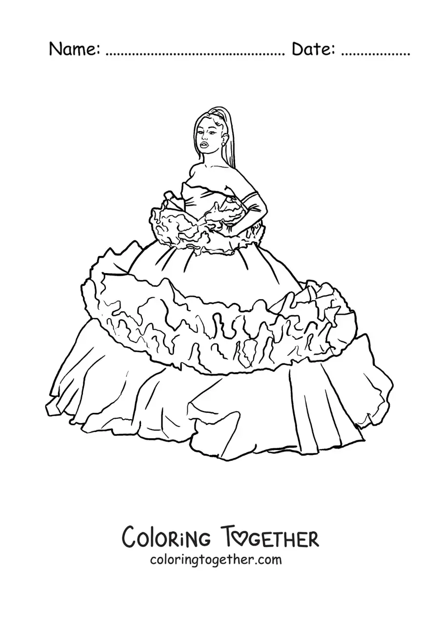 Coloring page of cartoon Ariana Grande in a beautiful dress