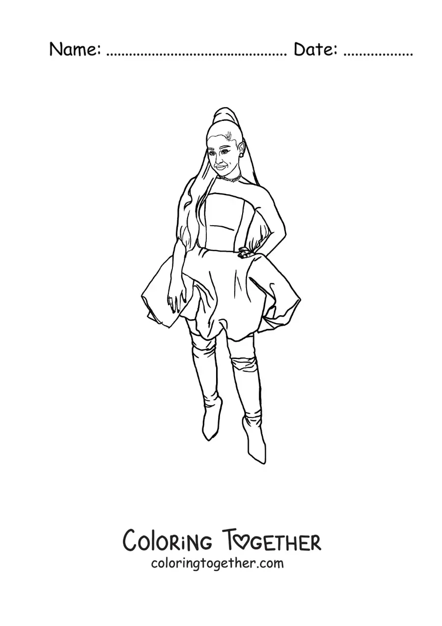 Coloring page of cartoon Ariana Grande with a dress and boots