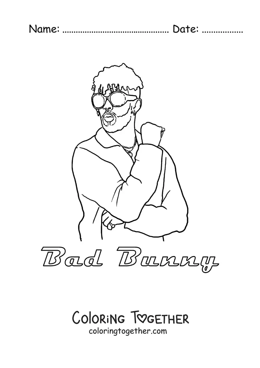 Coloring page of cartoon Bad Bunny with his name