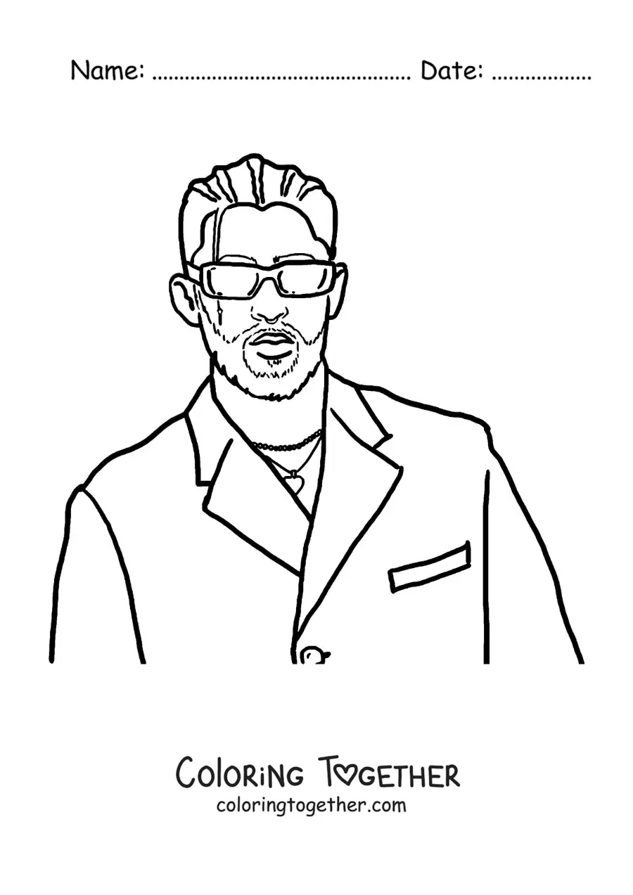 Coloring page of a cartoon portrait of Bad Bunny