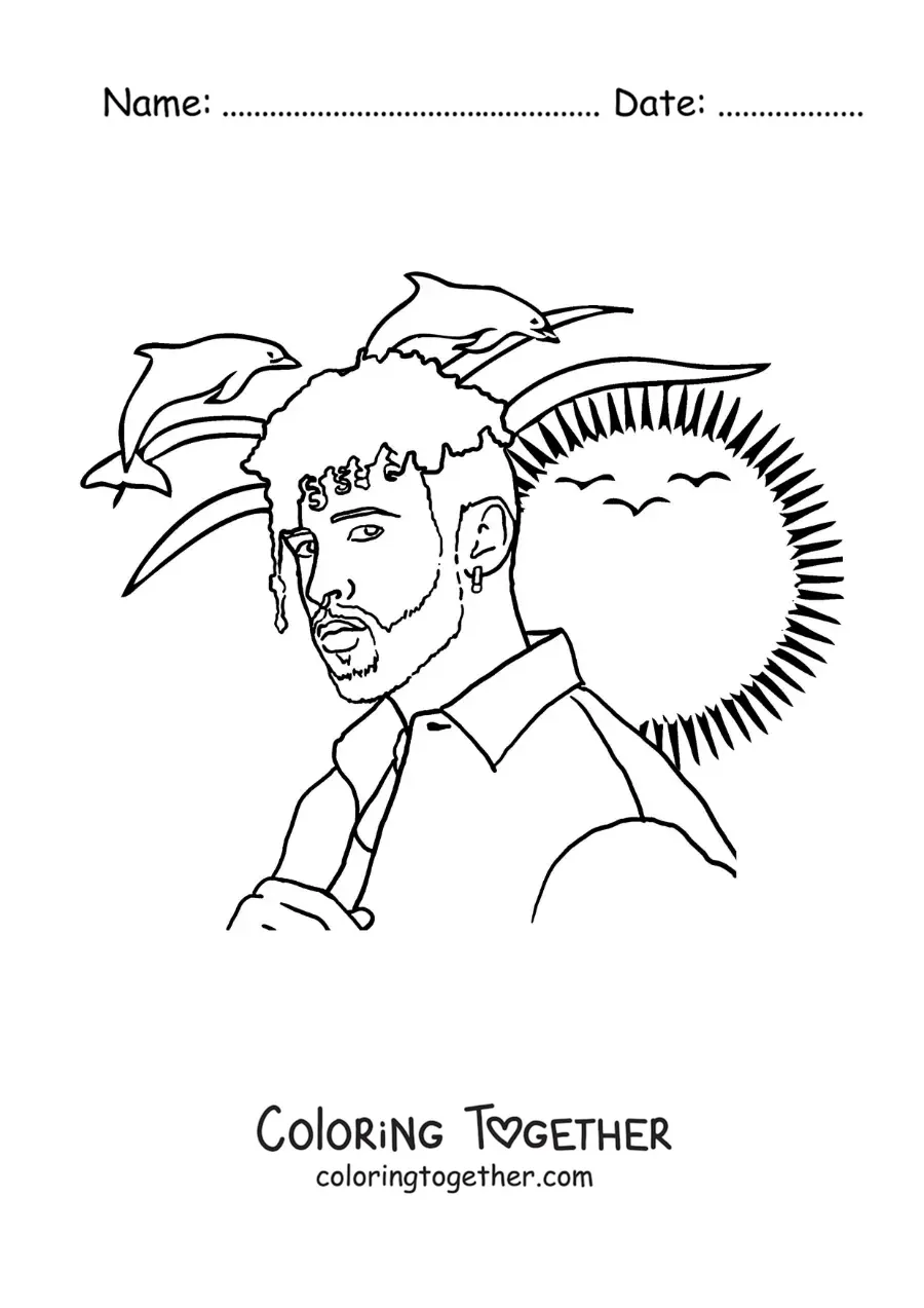 Coloring page of a portrait of Bad Bunny in a realistic style