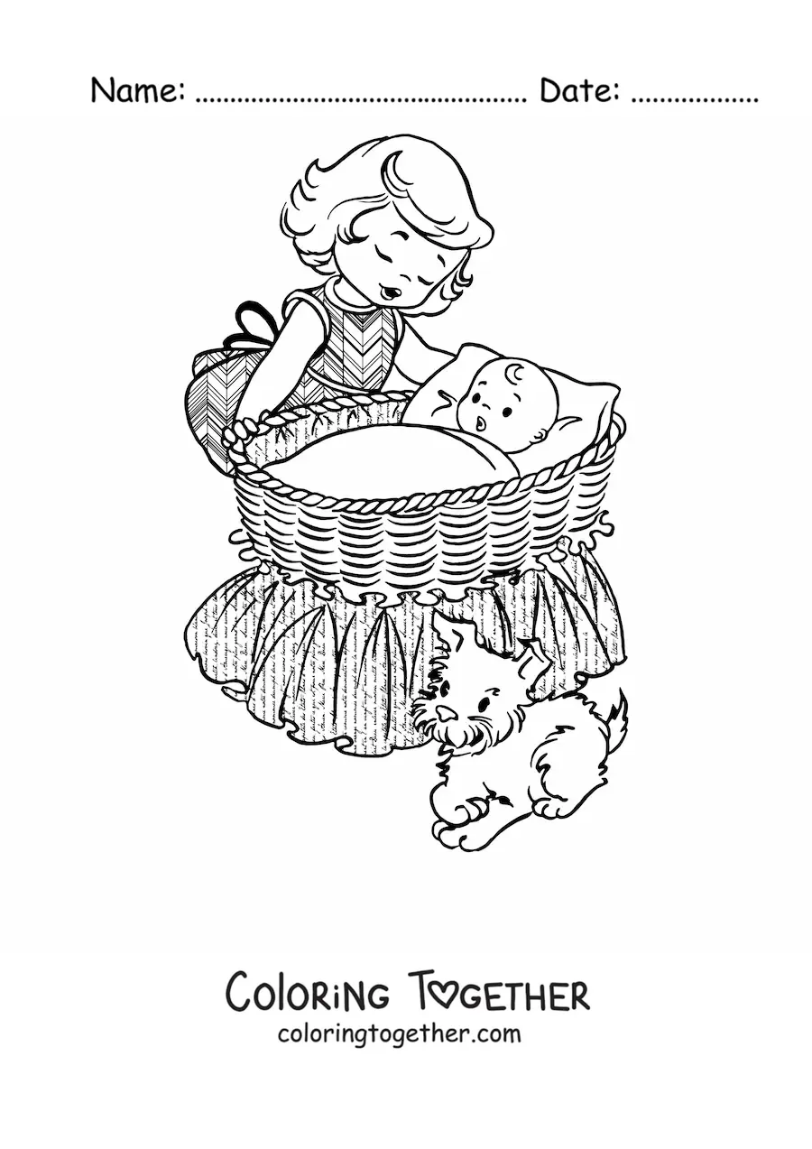 Coloring page of a girl and a dog next to a baby in a crib