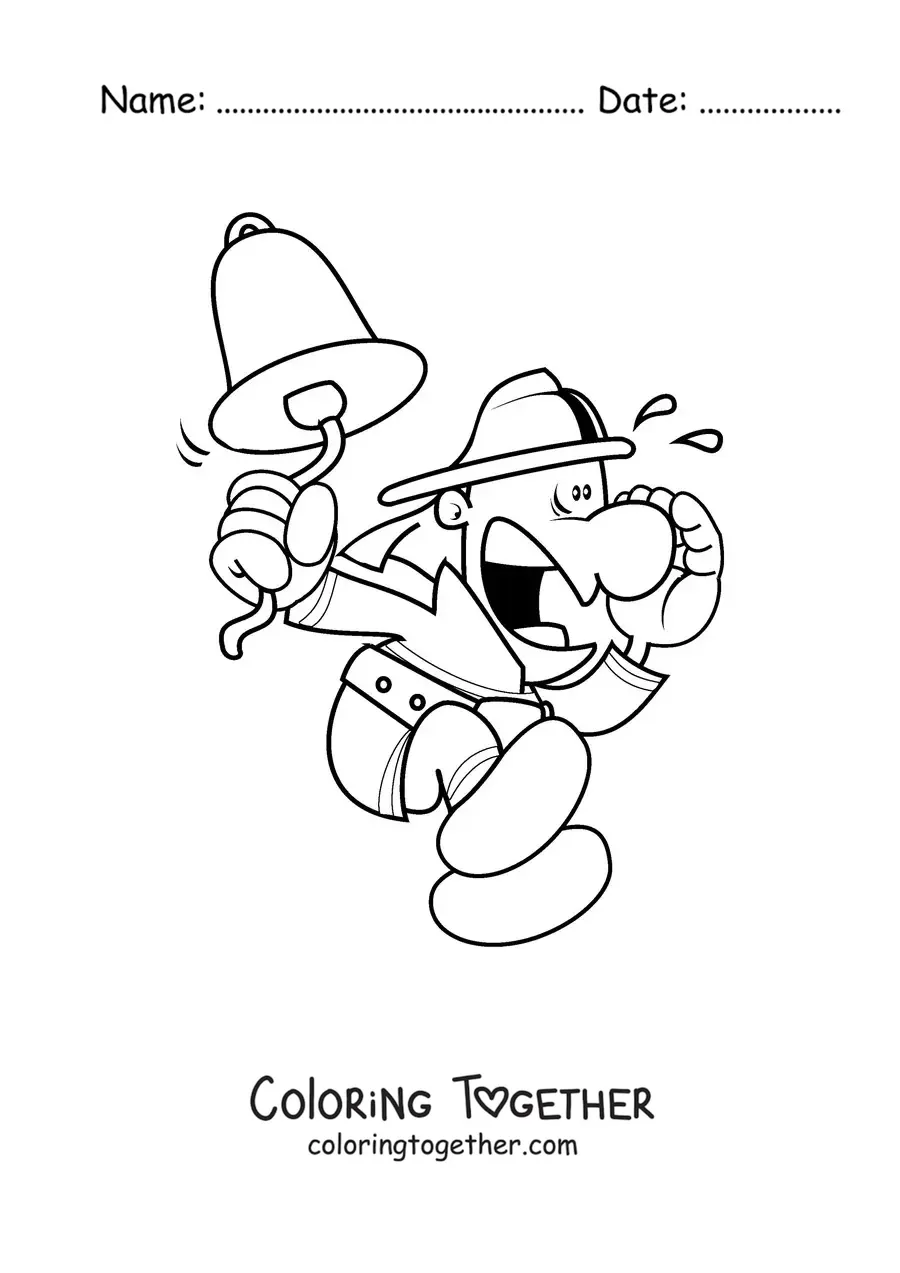 Coloring page of a cartoon firefighter on alert