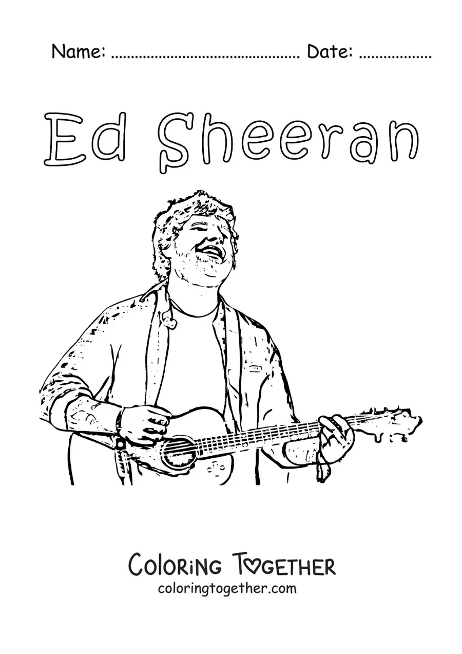 Coloring page of a pencil drawing of cartoon Ed Sheeran singing with a guitar
