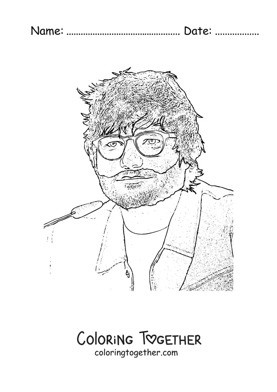 Coloring page of a realistic pencil portrait of Ed Sheeran