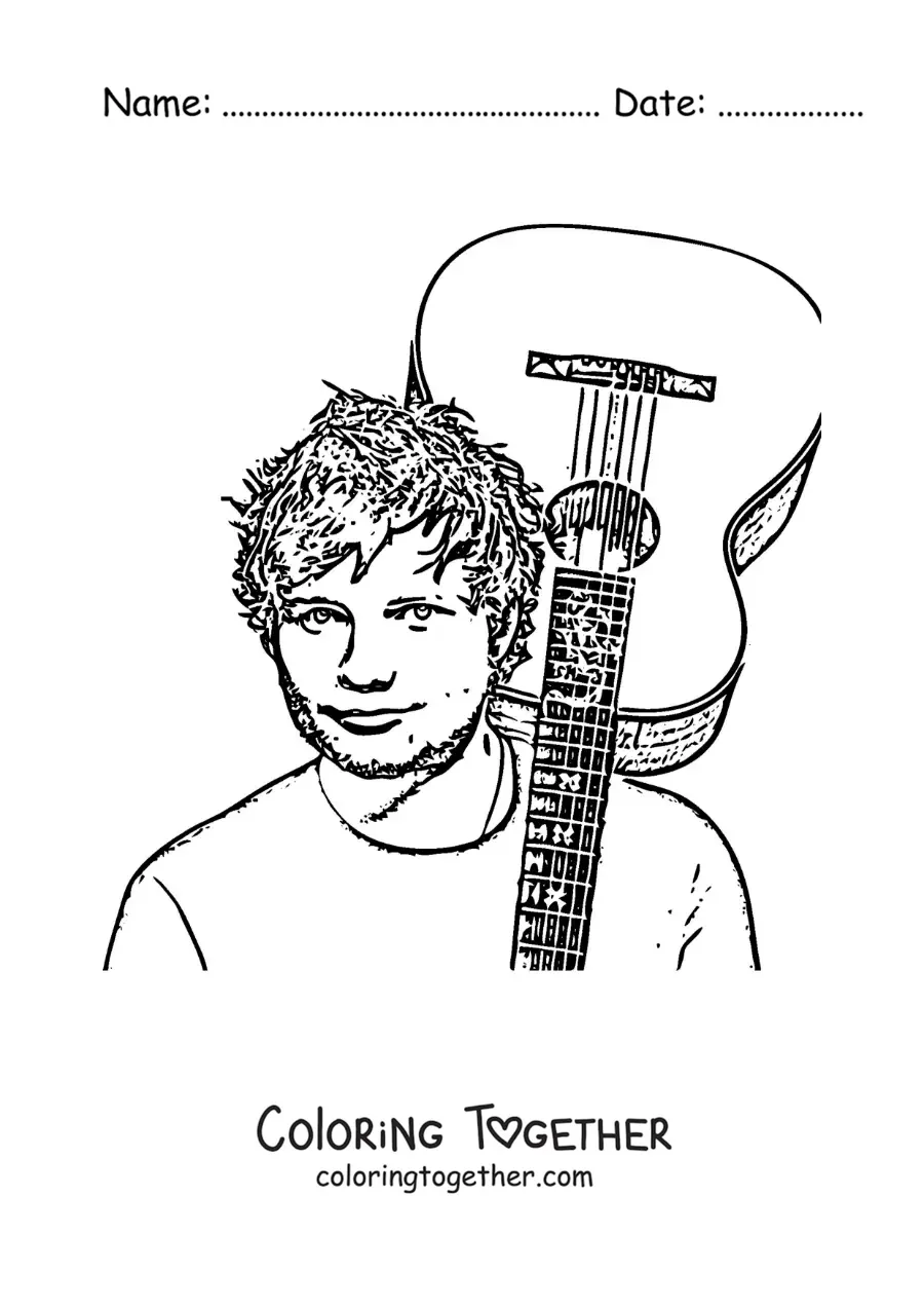 Coloring page of a pencil portrait of Ed Sheeran with a guitar