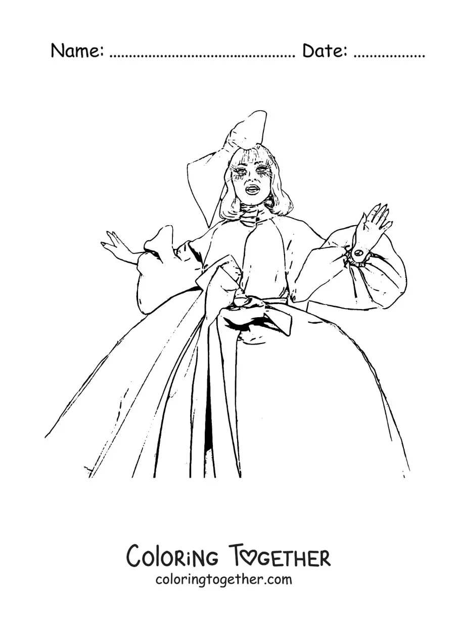 Coloring page of cartoon Lady Gaga with a dress