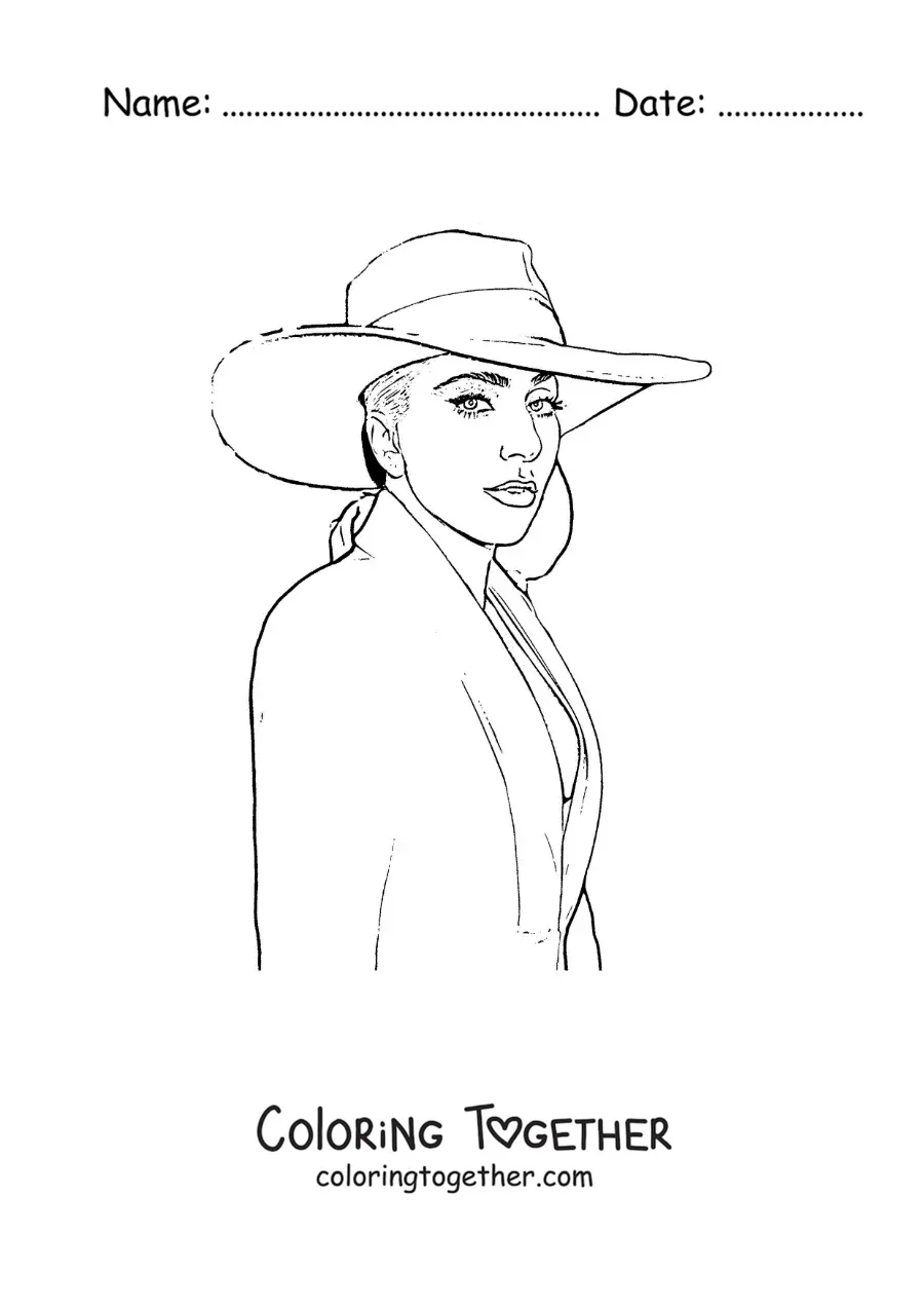 Coloring page of a portrait of cartoon Lady Gaga with a hat
