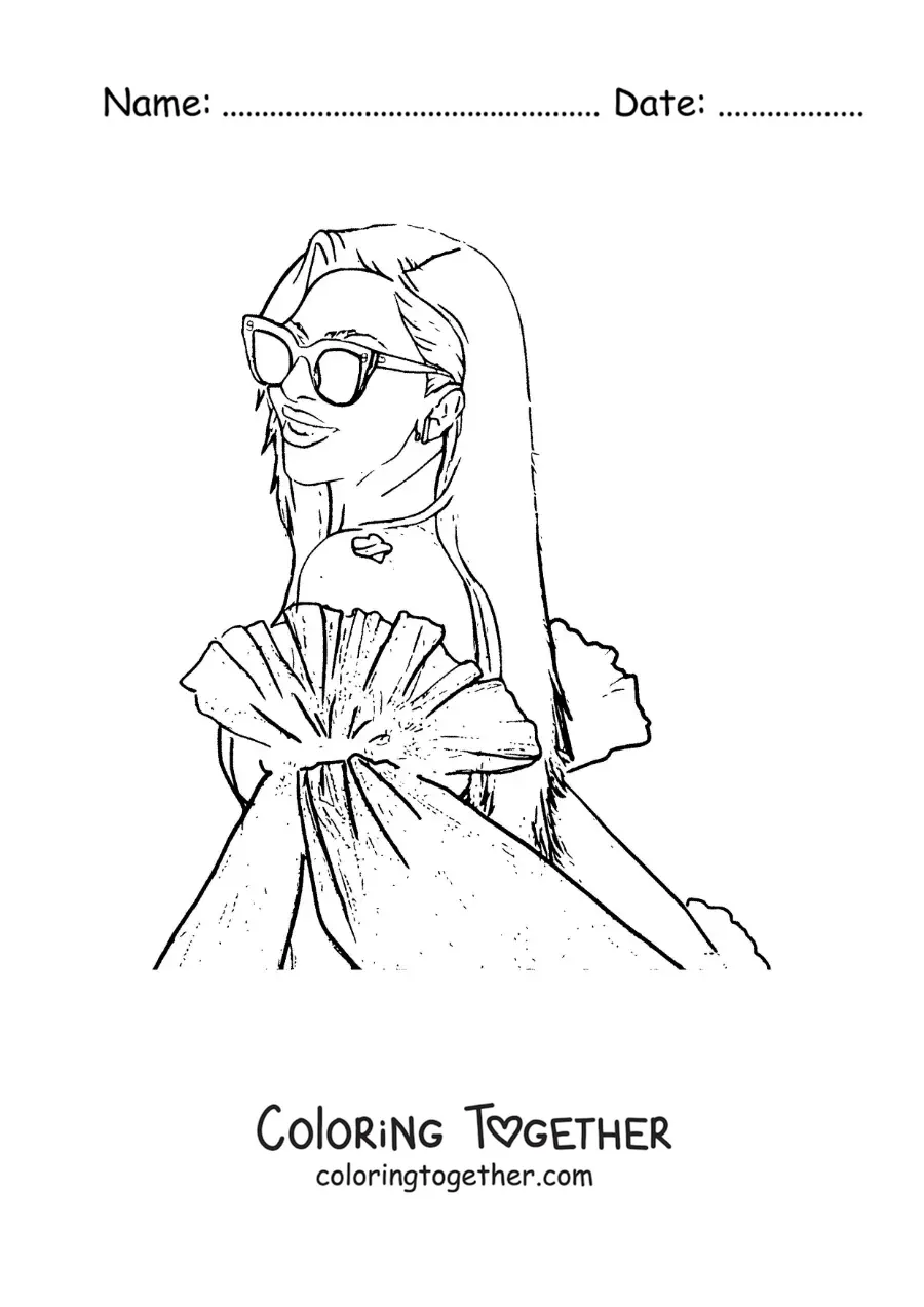 Coloring page of a portrait of cartoon Lady Gaga with sunglasses