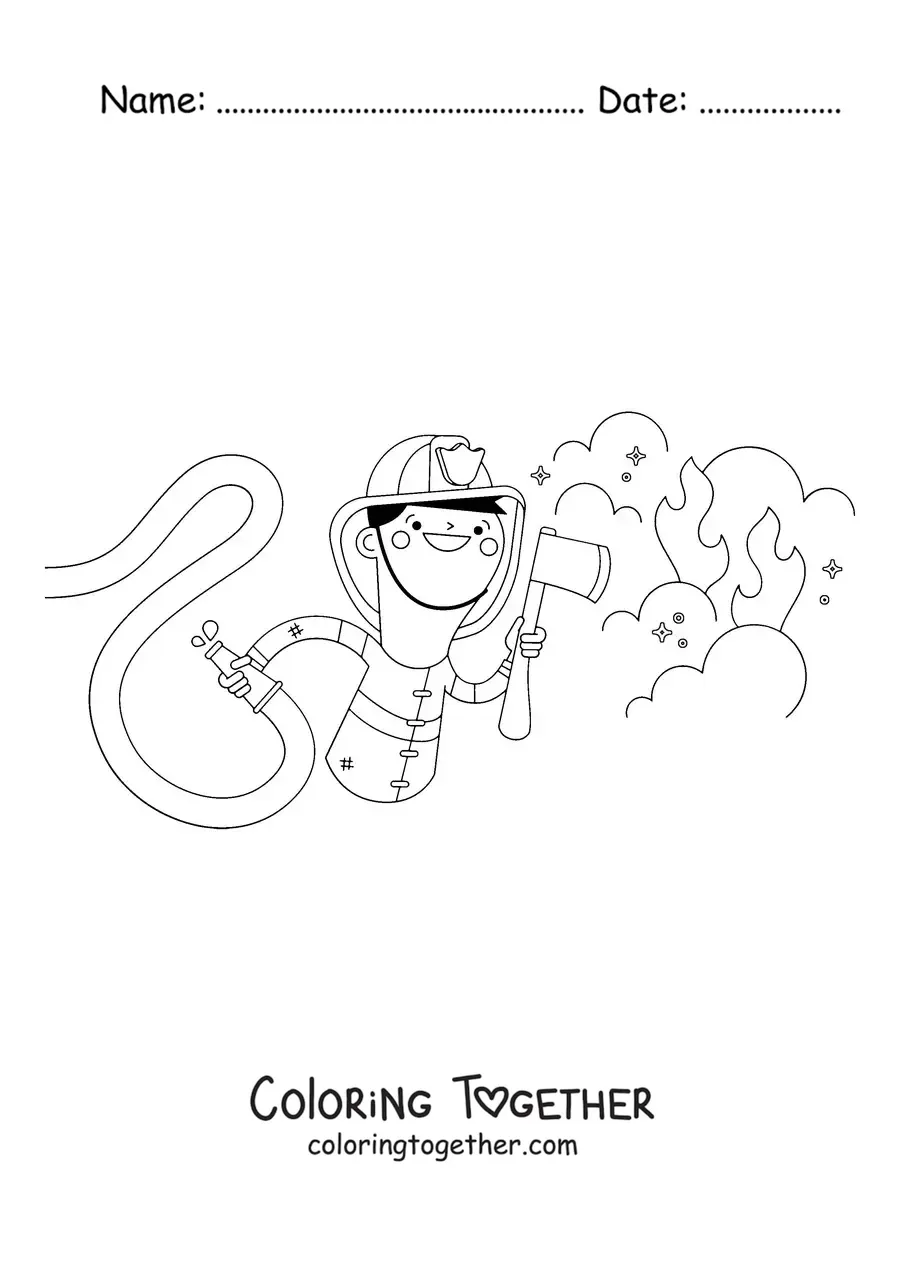 Coloring page of a cartoon firefighter at a fire