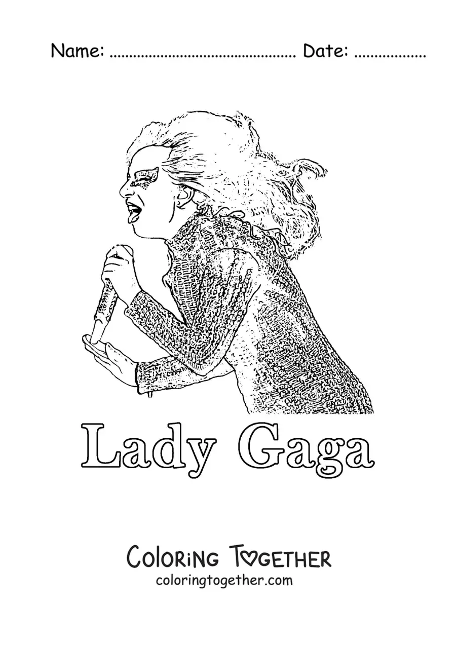 Coloring page of Lady Gaga at a concert in a realistic style